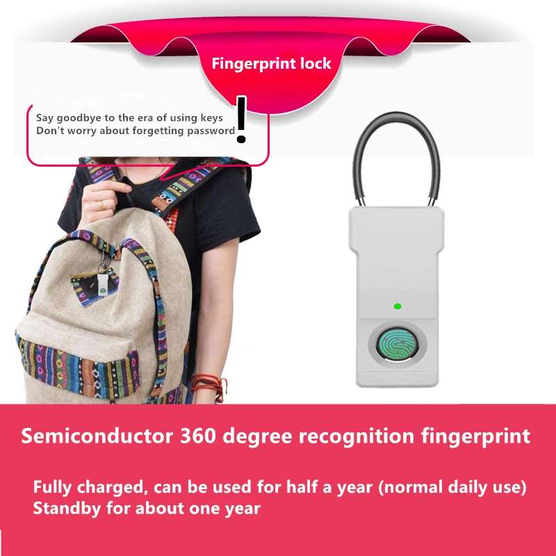 

Fingerprint Padlock Smart Fingerprint Lock USB Charging Life Waterproof Security Safety Padlock Luggage Backpack Lock Portable