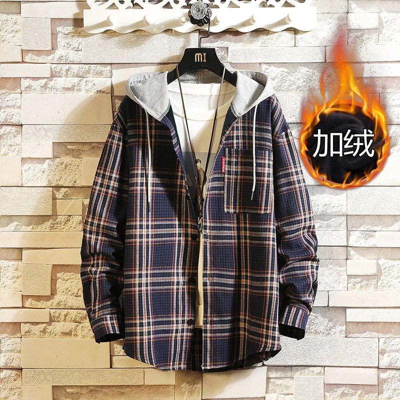 Толстая флисовая клетчатая рубашка мужская с капюшоном зимняя Толстая рубашка с длинным рукавом мужская Осенняя Корейская размера плюс Повседневная теплая куртка AA50CS - Цвет: Style 3