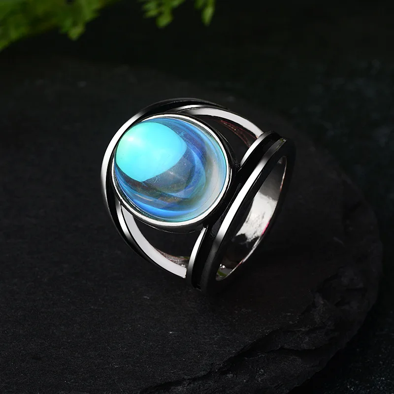 Богемное стильное тайское серебряное кольцо с большим лунным камнем для женщин, винтажное эпоксидное прозрачное ретро кольцо, ювелирные изделия, дизайн