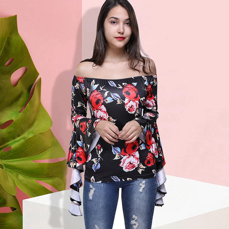

Women Off Shoulder elegant Floral Shirt Casual Blouse Tops Fashion Autumn Top Long Sleeve Shirt Harajuku Printed Female Cothing