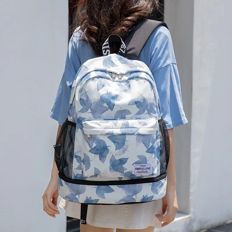 Blue leaf Women Gym Backpack Flower Fitness Bag Sac De Sport Bags Dry And Wet Independent Shoes Bags Female Bolsa Deporte Gymtas XA906WA - Цвет: Blue leaf