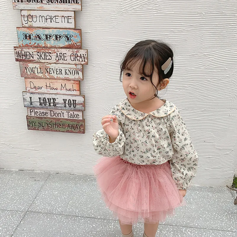 

2019 Autumn New Arrival Korean style cotton flowers printed long sleeve all-match princess shirt for cute sweet baby girls