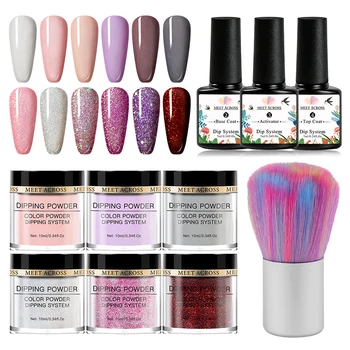 

MEET ACROSS 10ml Glitter Dipping Nail Powder Set Color Natural Dry Colorful Nail Art Pigment Dust Power Without UV Lamp Cure
