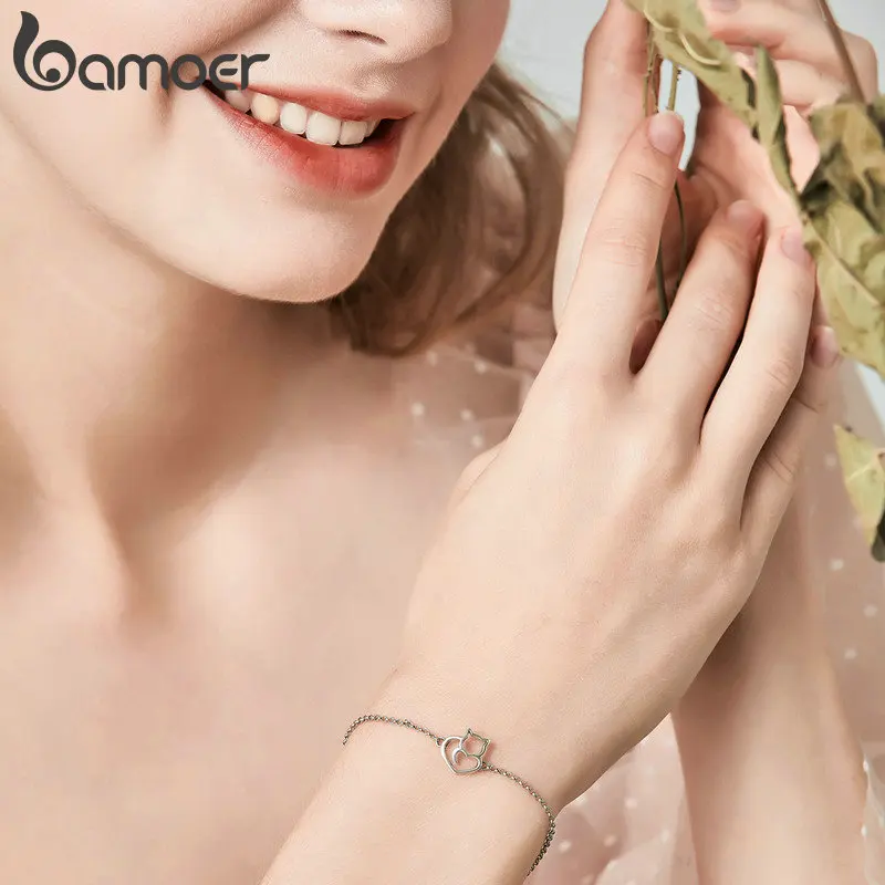 Silver Bracelet 925 Sterling Silver Cat And Heart Link Chain Bracelets For Women Authentic Jewelry Gift 3 Colors