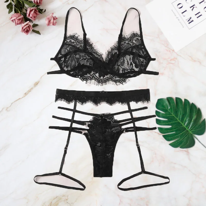 

Micro Bikini Women Sexy Lingerie Set Plus Size V-neck Bra Thong Garter Lingerie Set black Underwear Bra Set Lenceria Babydoll