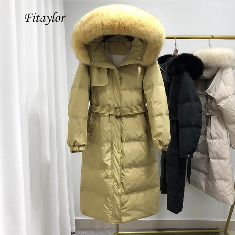 

Fitaylor Winter Large Real Fox Fur Long Down Jacket Women White Duck Down Loose Hooded Parka Single Breasted Overcoat With Belt