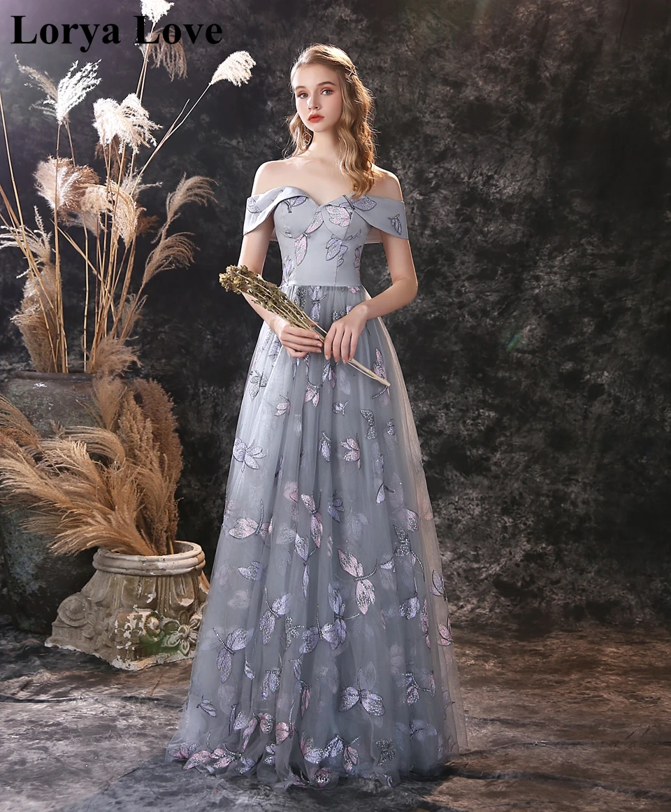 

2020 Off The Shoulder Prom Dresses Women Formal Party Night Vestidos High Quality A-Line Appliques Sequins Tulle Evening Gowns