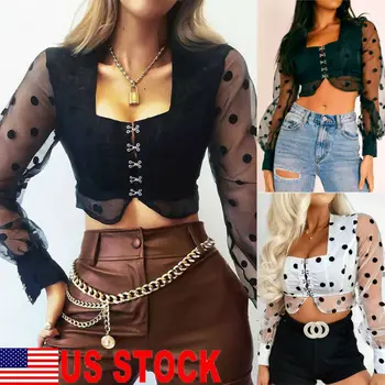 

Spring and Autumn New Ladies Perspective Top Long Sleeve Tulle Net Gauze Transparent Tee Shirt Long Sleeve