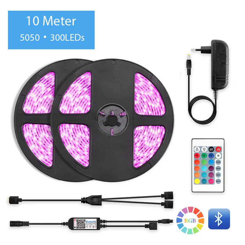 1 комплект 5 м/10 м 60 Светодиодный s/M RGB 5050 SMD 2835 гибкий светодиодный светильник+ пульт дистанционного управления Bluetooth+ адаптер постоянного тока - Испускаемый цвет: 10M 5050 300LEDs