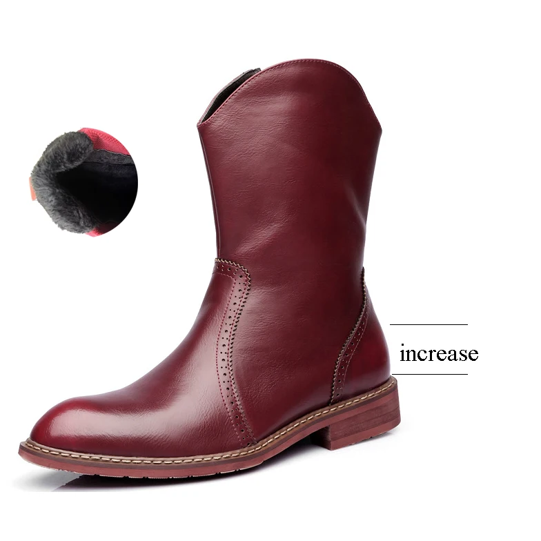 Men Motorcycle Boots Vintage Combat Boot Winter Fur Genuine Cow Leather Waterproof Buckle Military Boots Men Increase Shoes - Цвет: Red Increase Fleece