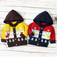 Милая Рождественская Одежда для маленьких мальчиков и девочек пальто с капюшоном и длинными рукавами с оленями на пуговицах Повседневные вязаные зимние теплые наряды для детей от 0 до 24 месяцев