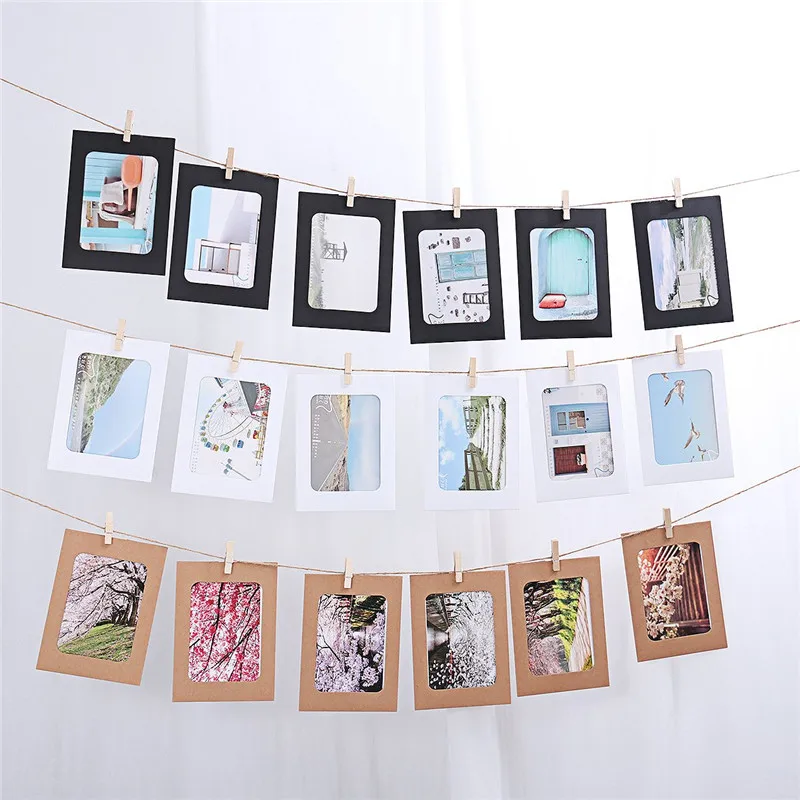 Photo Frame Wood Canvas Frame Wood Photo Frame Wood Frame Wood Picture Frame Art Frames 10 Pcs Combination Paper Frame with Clips DIY Kraft Paper Picture Frame Hanging Wall Photos Album 2M Rope Home Decoration Craft