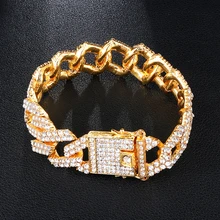 US7 19 мм Bling Heavy Iced Out кубинские звенья цепи браслет полный стразы зубец браслеты для мужчин хип-хоп ювелирные изделия