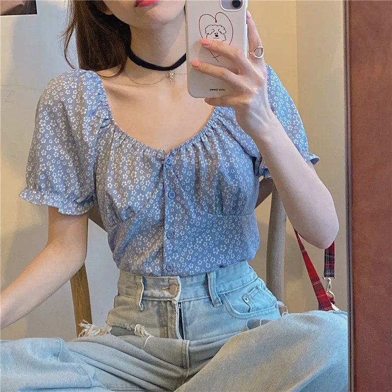 

Women's T-shirts Tops Japanese Kawaii Ulzzang Floral Vintage Bubble Sleeve T-shirt Female Korean Harajuku Clothes For Women