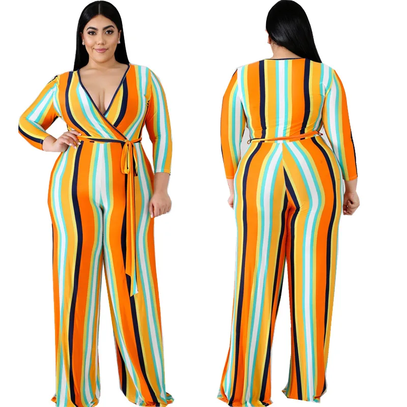 Autumn Women's Clothing Striped Jumpsuit Long Sleeve V-neck Sexy Jumpsuit with Lacing Loose Flare Pants Comfortable Plus Size