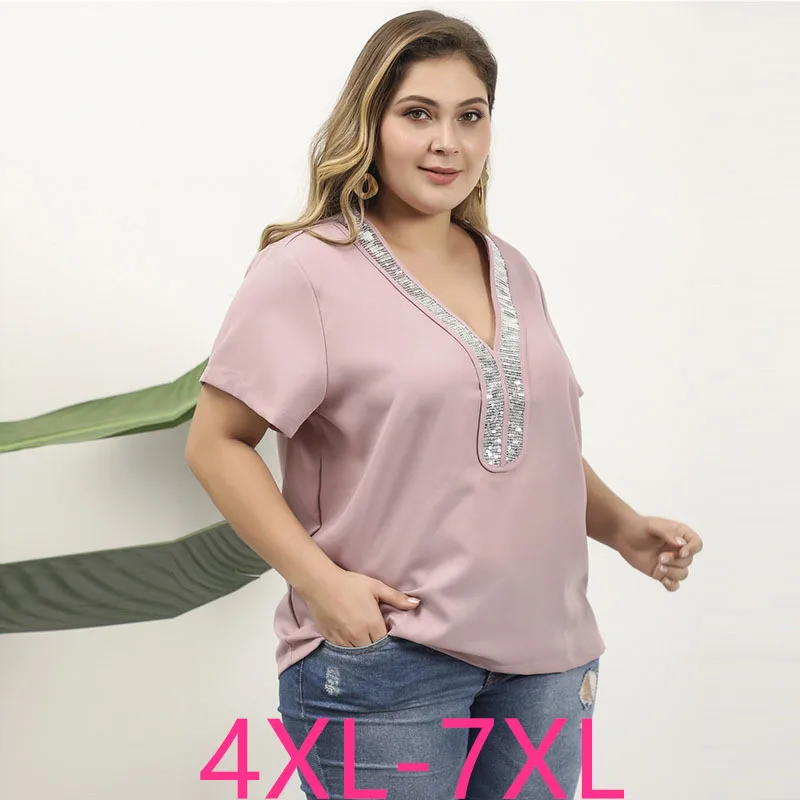 Женские Новые летние топы размера плюс для женщин, блуза с коротким рукавом, Повседневная Свободная рубашка с блестками и v-образным вырезом, розовая 4XL 5XL 6XL 7XL