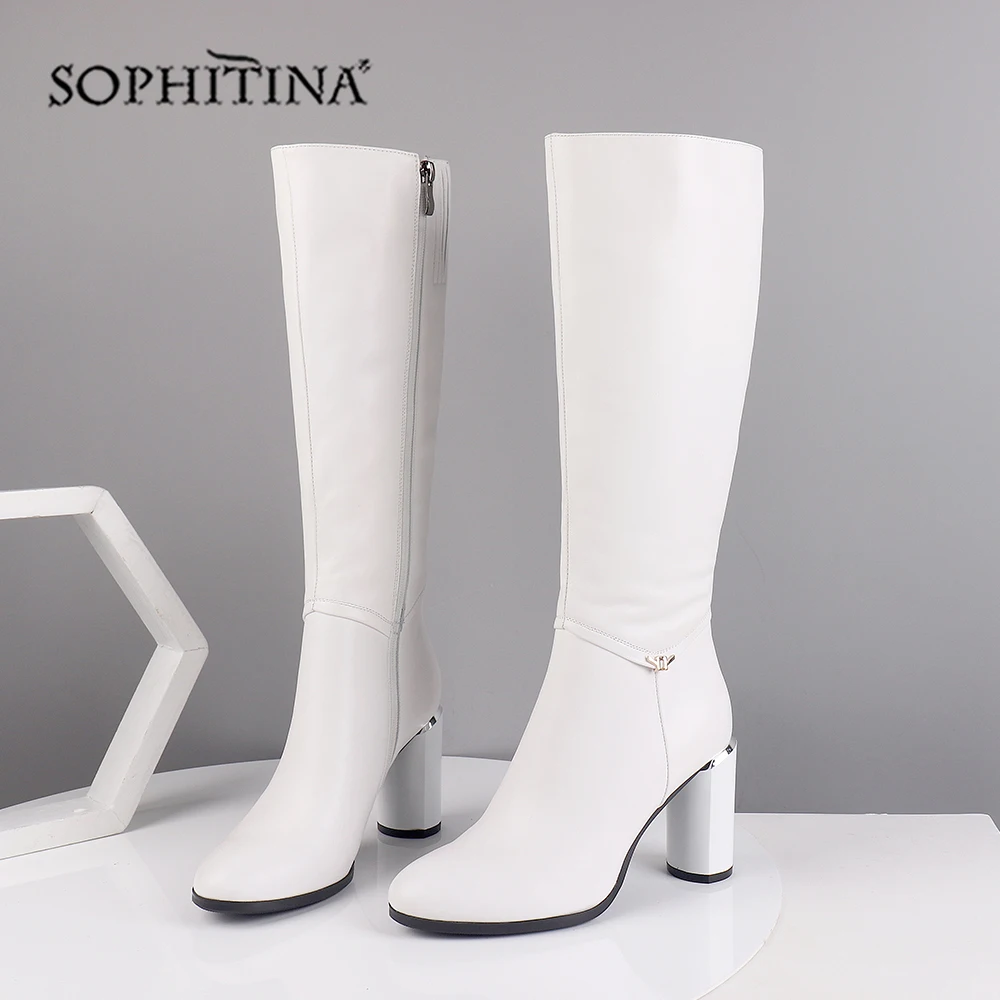 Skup SOPHITINA zimowe buty damskie skóra bydlęca wysokonapięciowy, okrągły nosek moda wysokie okrągłe obcasy buty ozdoby metalowe buty na zamek BA7