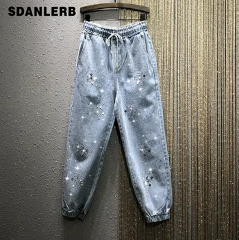

European Style Loose Jeans Woman 2020 Spring New Elastic-Waist Loose-Fit Sequined Beaded Letter Denim Harem Pants Jeansy Damskie