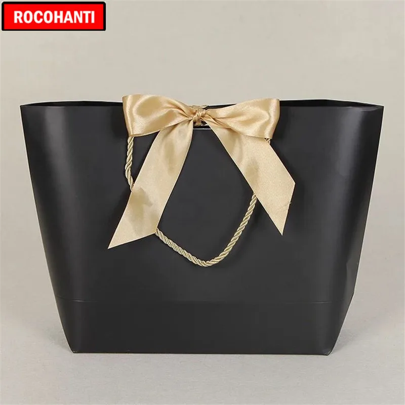 50X Custom Printed Your Own Logo Thick 250grams Black Cardboard Paper Clothing Gift Shopping Paper Bag With Gold Ribbon Handles