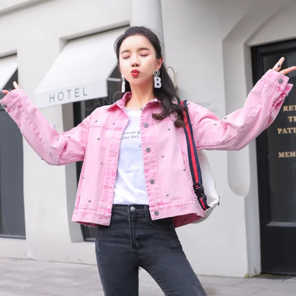 Осенняя женская джинсовая куртка и пальто с заклепками и длинным рукавом, тонкая джинсовая куртка, винтажная женская верхняя одежда Harajuku, уличная одежда DG661