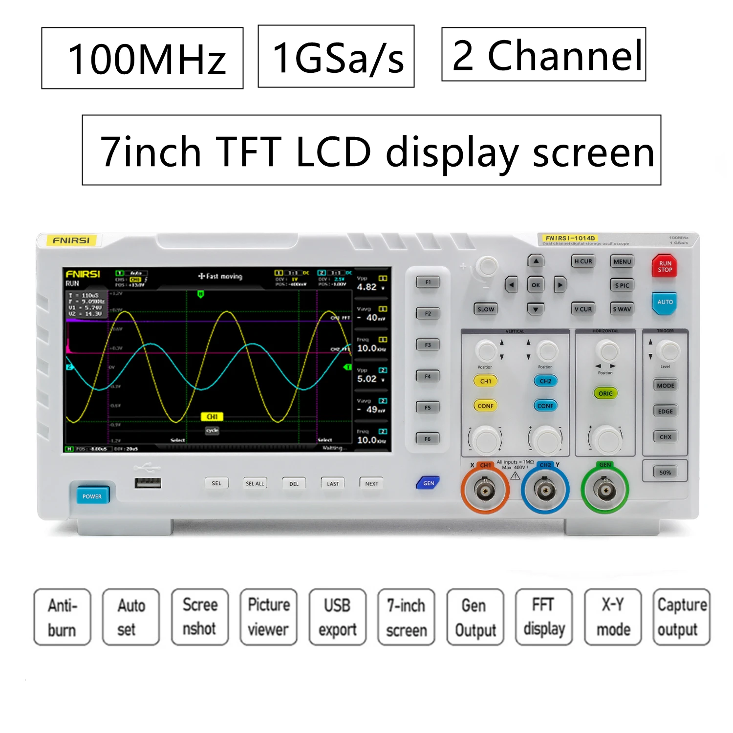 100-240V Digital Oscilloscope 2-Channel 100MHZ Bandwidth 1GS/s US/EU Plug 