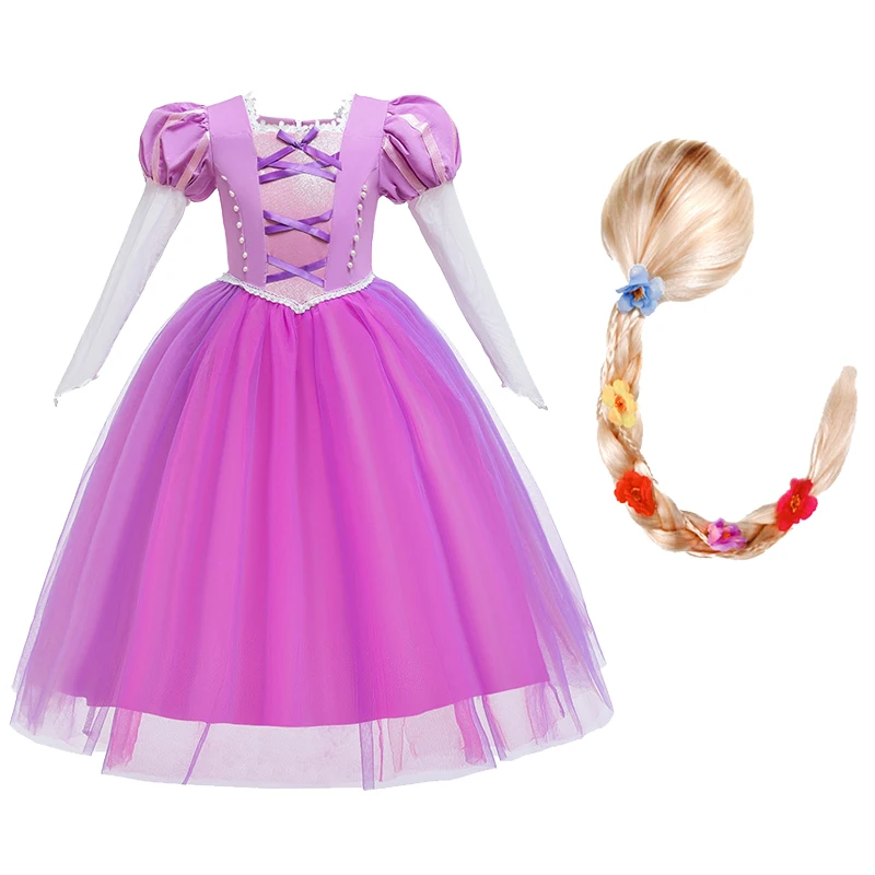 Dress 2 and Wig S01 Платье принцессы Рапунцель для девочек; детский летний костюм с цветочным рисунком и бантом; детское платье для костюмированной вечеринки на Хэллоуин, день рождения - Цвет: Dress 2 and Wig S01