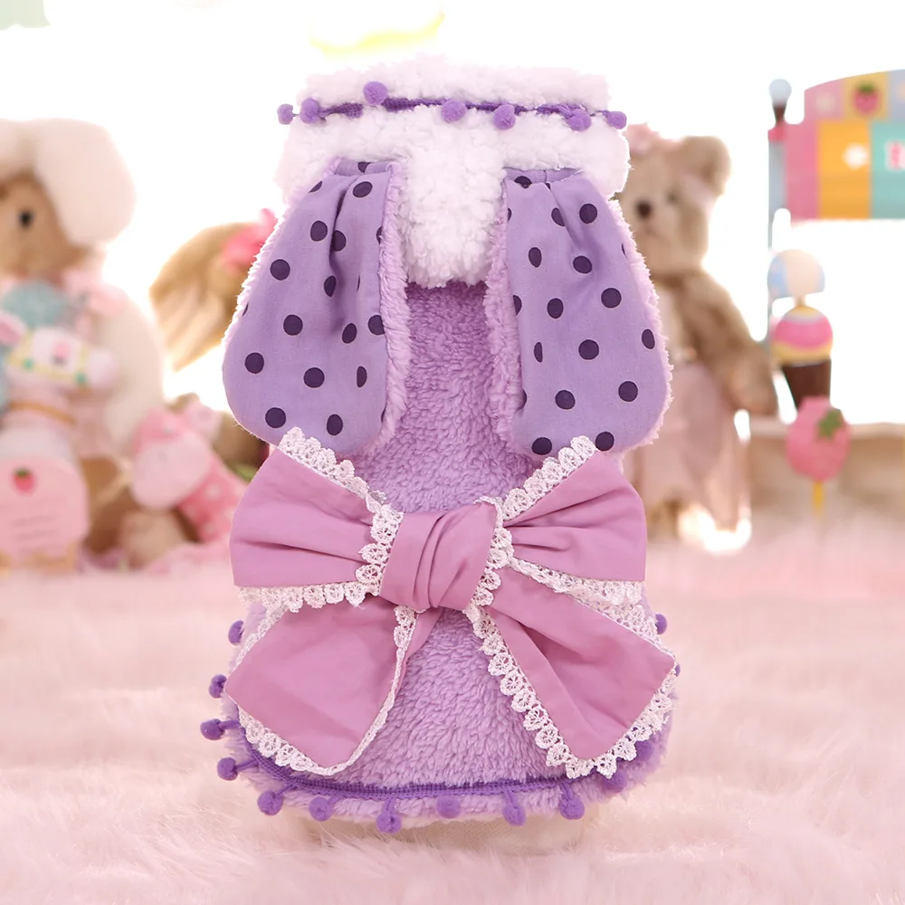 

Autumn and Winter Newest Soft Cute Design Dog Coats with Rabbit Ears Plus Velvet Warm Cotton Padded Pink Purple Color Jacket Pet