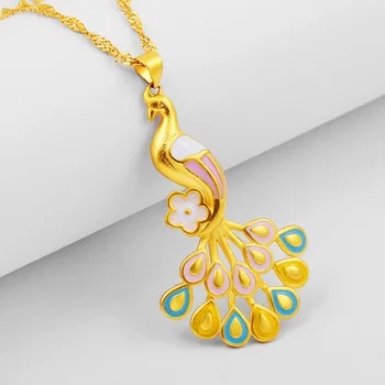 

Fashion Gold-plated Colour Peacock Pendant Necklace Chinese Hand-Carved Relax Healing Women Man Luck Gift Amulet Sweater Chain