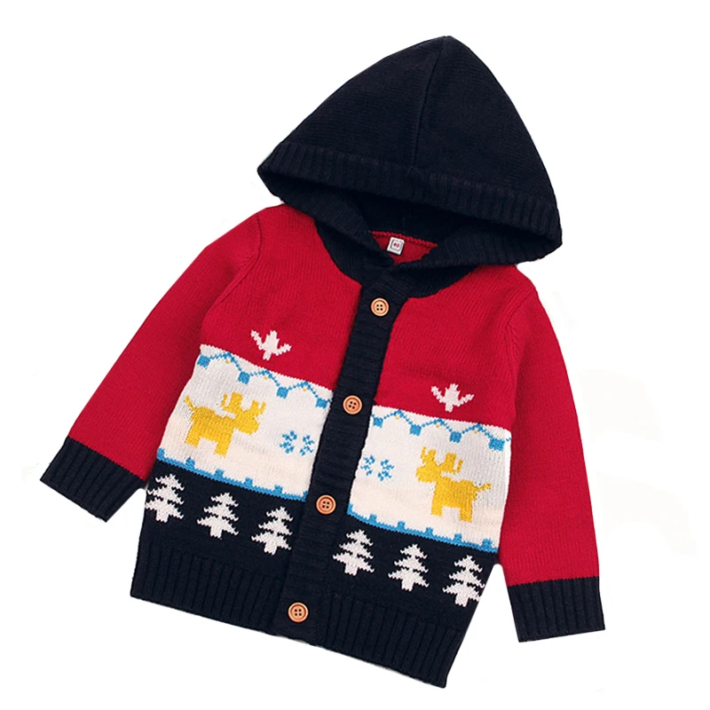 Christmas Clothes Boy Girl Knit Cardigan Cartoon Baby Coat Newborn Autumn Winter Knitting Long Sleeve Hooded Coat Jacket