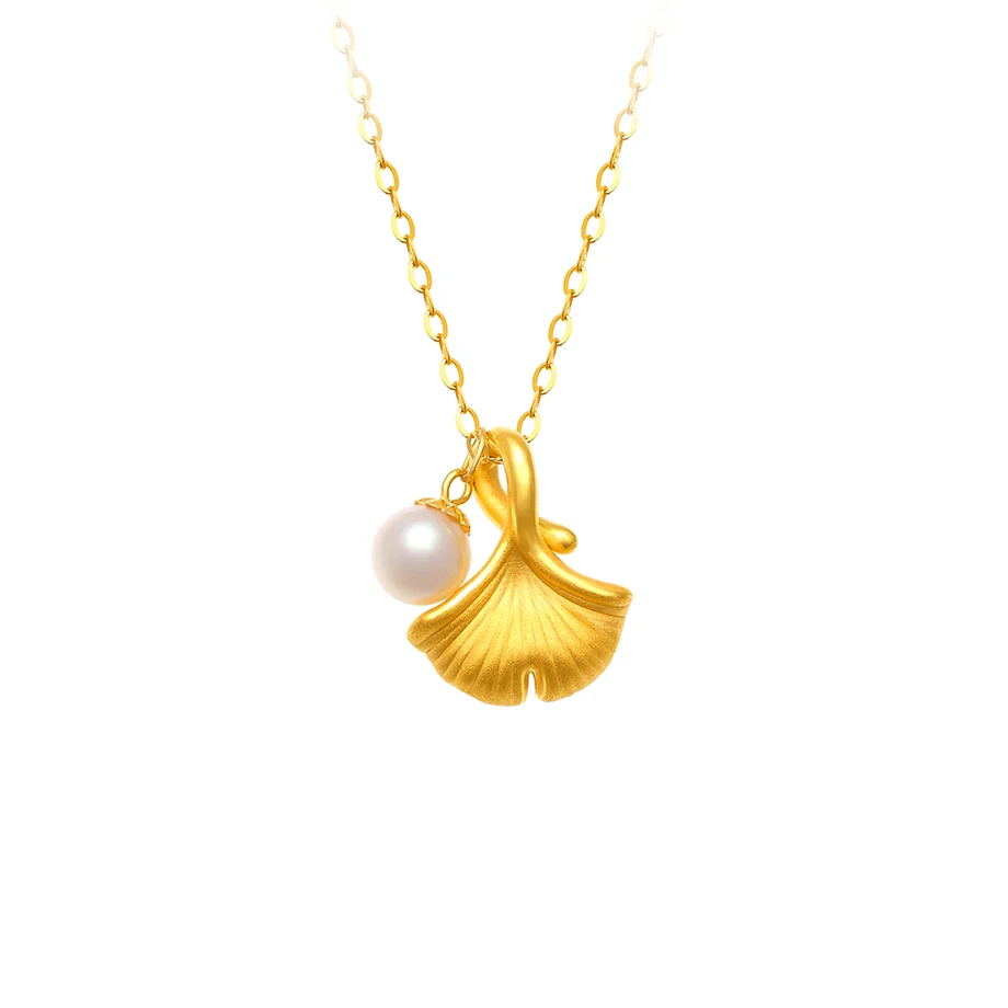ZHIXI Real 24K 999 Gold Ginkgo Biloba Pendant Necklace Pure 18K Gold