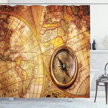

Brown Beige Antique Shower Curtain Compass on an World Map Historic Borders Century-Old Antiquity Theme Bathroom Curtain