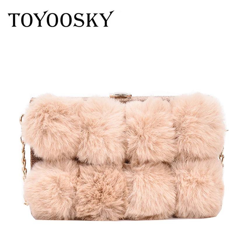 

TOYOOSKY Winter Rabbit Fur Handbags Clutch Women Messenger Bags Plush Ball Box Bag Female Crossbody Shoulder Bags Square Purse