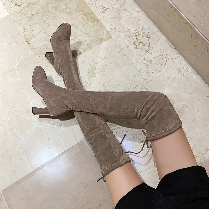 QUTAA Stretch Flock Square Heel Winter Warm Fur Women Shoes Round Toe Lace Up Casual Over The Knee High Boots Size 34-39
