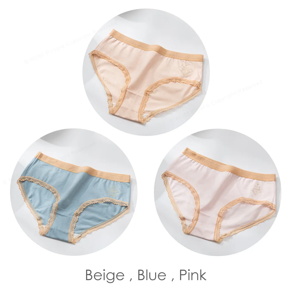 3pcs/lot Comfort Cotton Underpants With Lace Briefs Female Underwear Women's Seamless Knickers Lingerie Antitacterial Breathable - Цвет: Beige Blue Pink