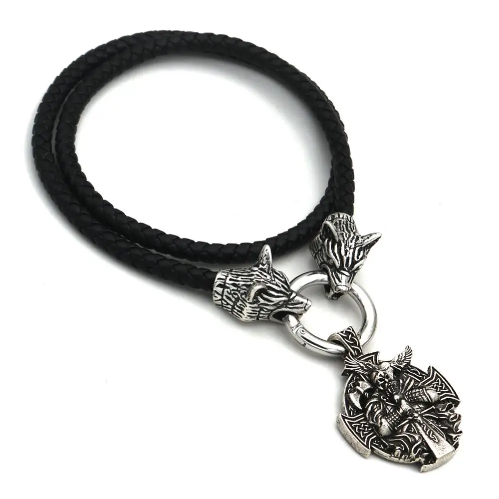 

Men's Stainless Steel Wolf Head Necklace Viking Warrior Odin Crow Pendant Leather Chain Necklace Viking Fine Jewelry Gifts