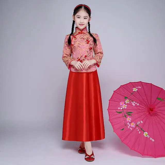 Изысканная вышивка для девочек; Cheongsam; Винтажный Длинный Воротник-стойка; Qipao; vestidos; элегантный длинный костюм в стиле Тан; костюм - Цвет: Red