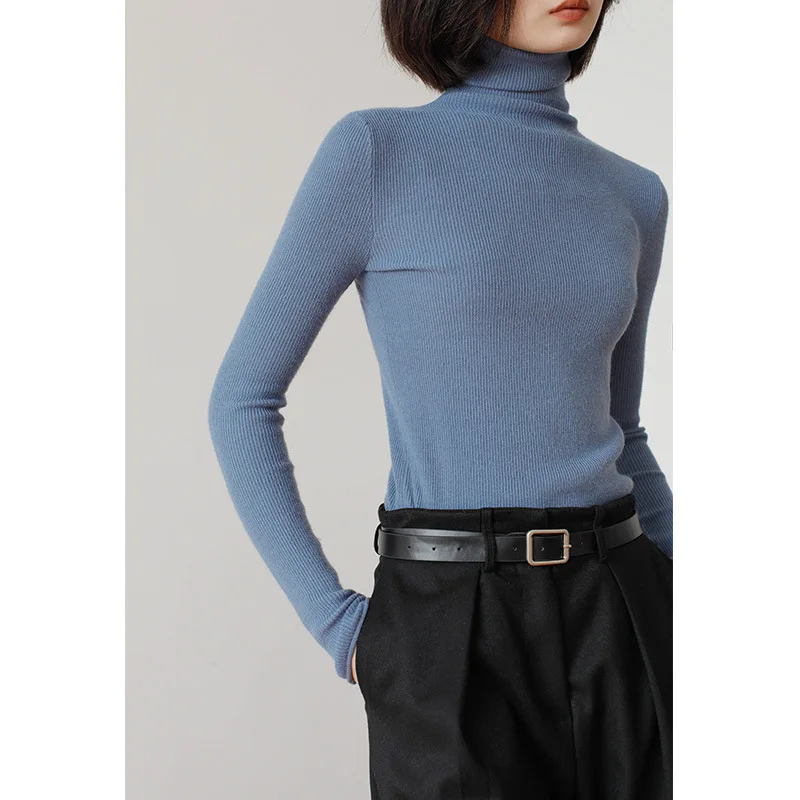 

Slim Turtleneck Sweater Curl Edged Knitted Polo Neck Tops Women