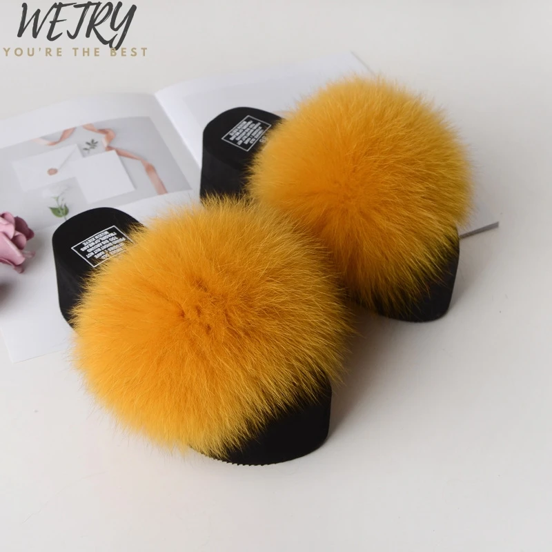 

2019 New fox fur slippers Women Fox Home Fluffy Sliders Comfort With Feathers Furry Summer Flats Sweet Ladies Shoes