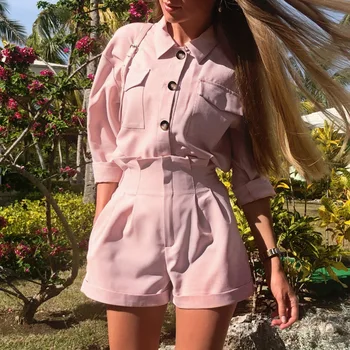 

2020 Trendy Women Casual 2 Pieces Sets Turn-down Collar Cotton Long Sleeve Pink Suit Full Length Harem Shorts Set Autumn