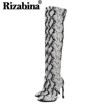 

RIZABINA 2020 Thin High Heel Sexy Pointed Toe Over Knee Boots Fashion Snakeskin Pu Leather Autumn Winter Women Shoes Size 34-43