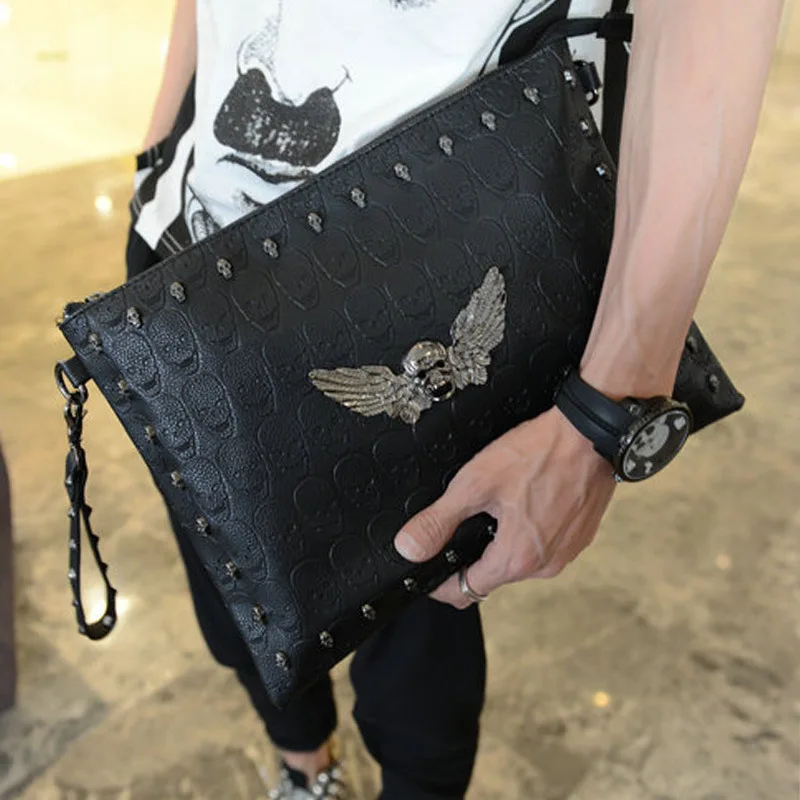 

Korean version ghosthead hand bag skeleton hand grasp handbag single shoulder bag iPad bag file bag rivet tide man handbag