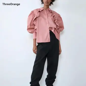 

ZA new autumn winter women's shirt pink poplin ruffles tops lantern sleeve blouse ladylike casual vintage female clothes