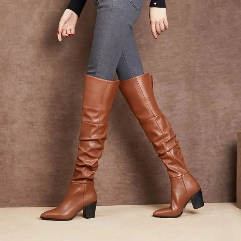 RizaBina/женские ботфорты из натуральной кожи пикантные теплые зимние женские вечерние туфли повседневная рабочая обувь без застежки размер 34-43