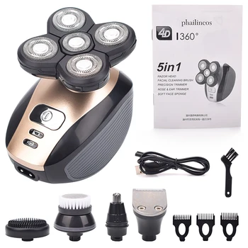 

5 In 1 4D Men's Rechargeable Bald Head Shaver 5 Floating Heads Beard Nose Ear Hair Trimmer Razor Clipper Facial Electric Brush