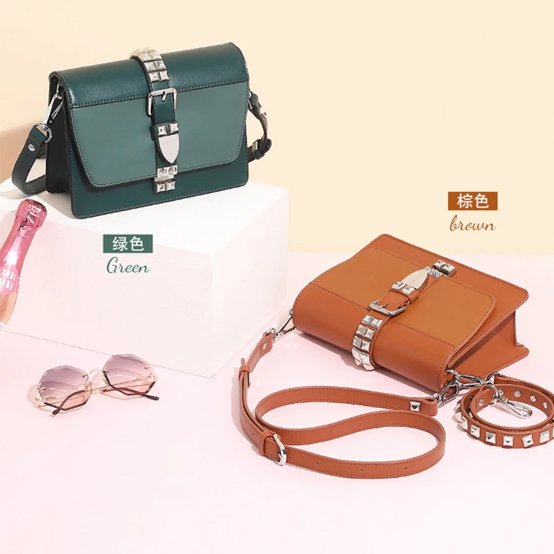 

TangDe Luxury Brand Rivets Buds Two Detachable Straps Fashion Purse Quality Leather Crossbody Handbag