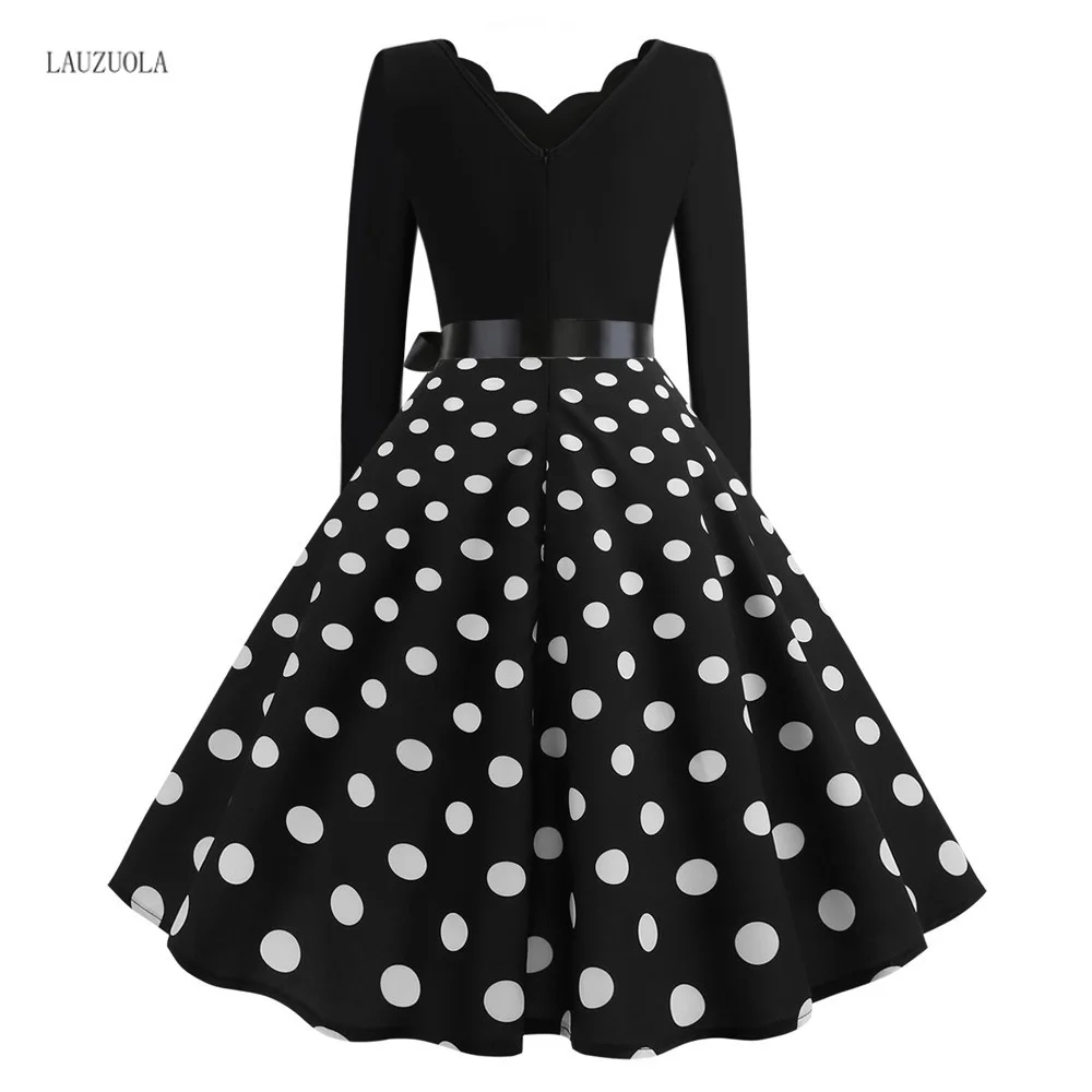 LAUZUOLA Robe Femme Hiver женское платье в горошек на весну и зиму, вечерние платья с длинным рукавом, винтажное платье в стиле рокабилли, большие размеры 3XL