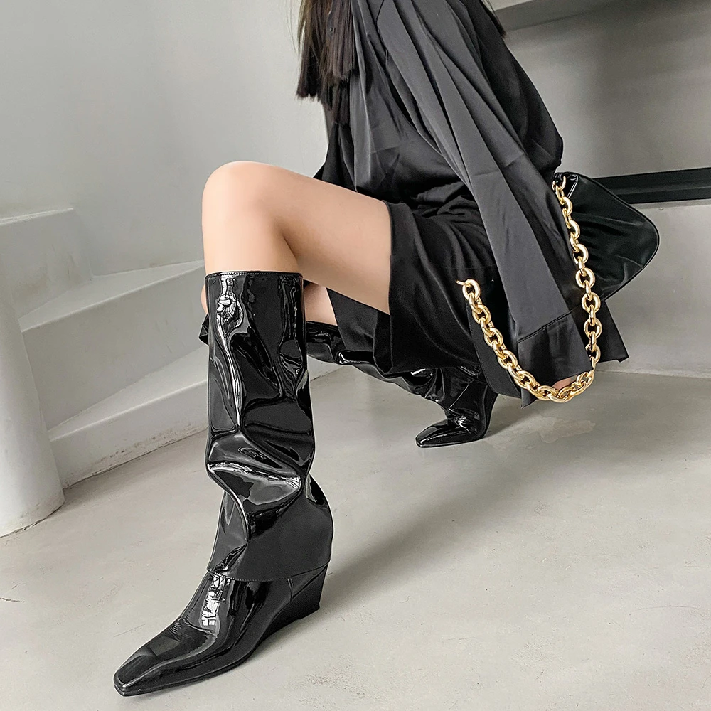 Flat Wedge Heel Pointed Shiny Patent Leather Fashion Boots Art Cuffed Side  Zipper Street Fashion Women's Mid Tube Boots Silver|Mid-Calf Boots| -  AliExpress