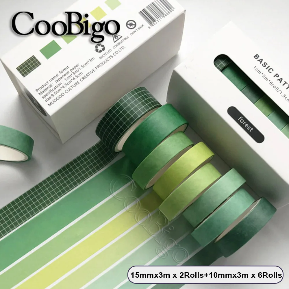 Fores Green Washi Tape Scrapbook Sticker Masking Solid Color Basic Decoration Set DIY Cute Kawaii School Supplies 8pcs | Канцтовары для