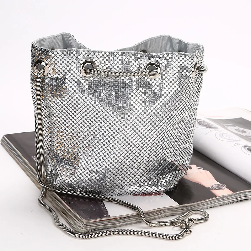 

Cross Border Creative-Currently Available Korean-style Fashion Sequin Pull-belt Bucket Bag Diamond Evening Bag Chain Crossbody B