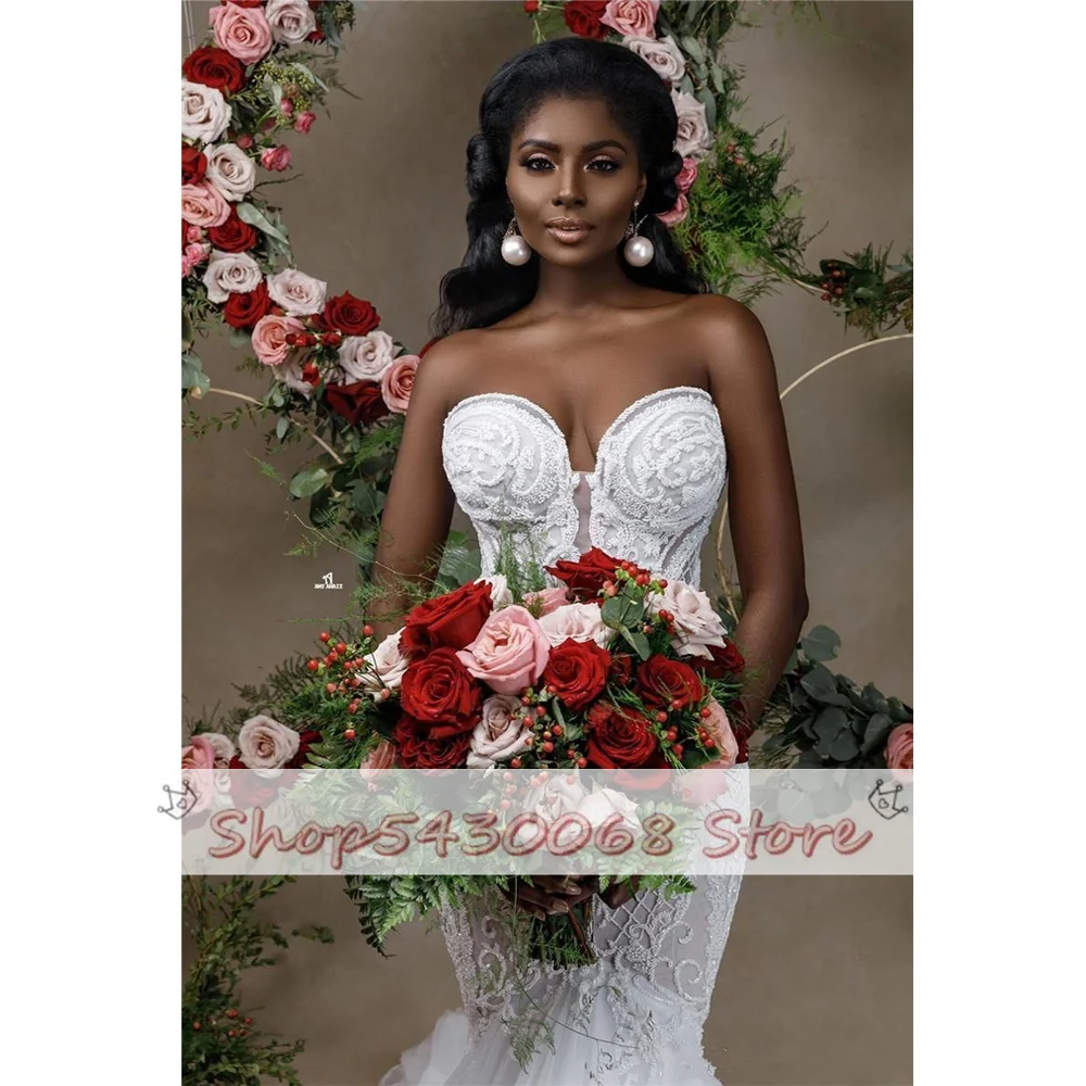 African Sweetheart Mermaid Wedding Dress 2022 New Strapless Lace Beaded Wedding Gowns Applique Bridal Dress